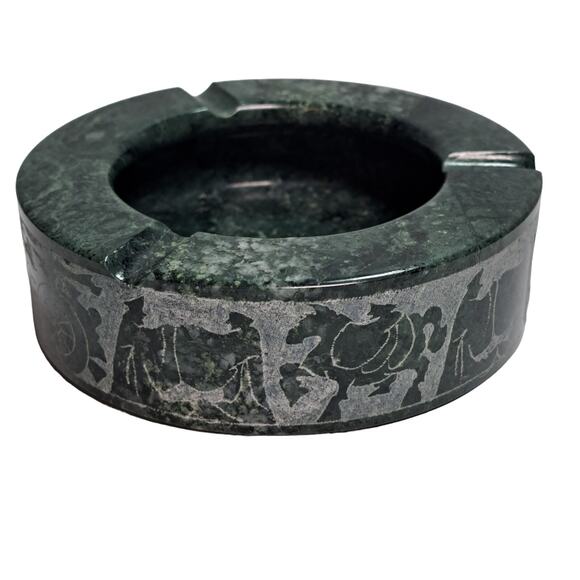 Vintage 60s Mid-century Stone Ashtray Green Black Marbled Asian Japanese Design